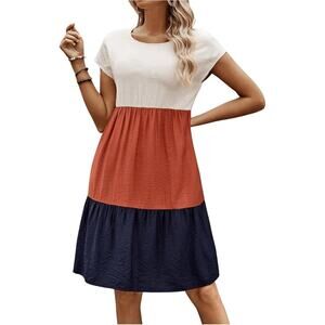 NWT SHEIN Tan Colorblock Short Sleeve Summer Swing Shift Dress Womans Size 4XL